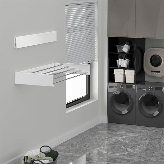 Wall Mounted Clothes Drying Rack 40" Folding Laundry Drying Rack Wall Mount with 6 Aluminum Rods for Maximum Space-Saving Efficiency Collapsible Hanging Rack for Bathroom Laundry