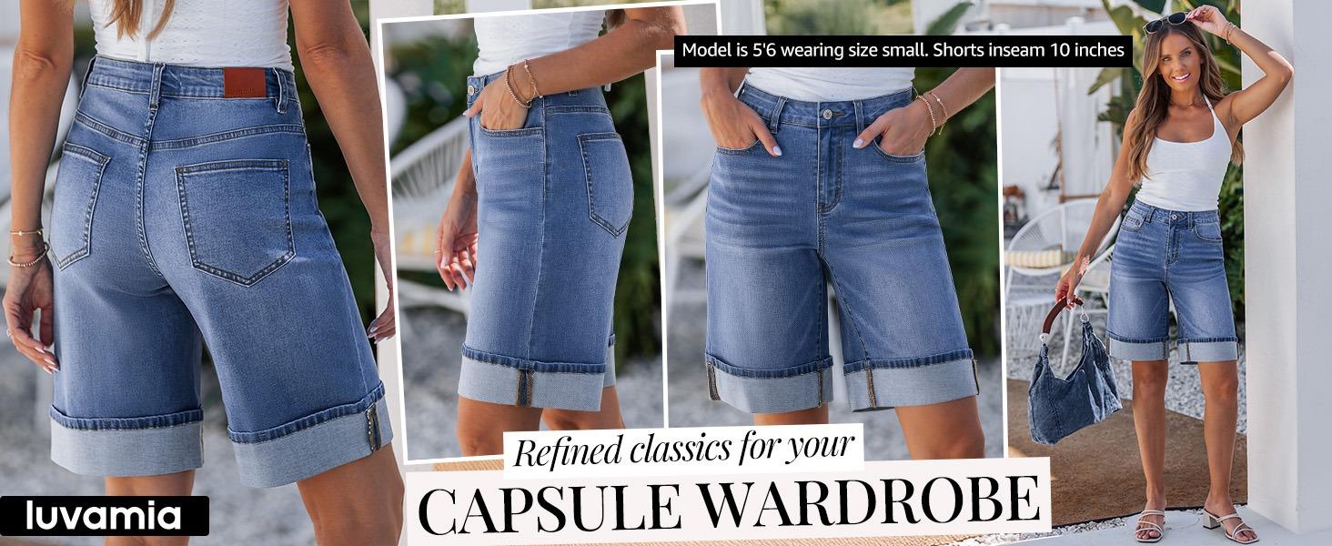 luvamia Jean Bermuda Shorts for Women High Waisted Knee Length Cuffed Long Stretchy Denim Shorts Loose Summer Jorts