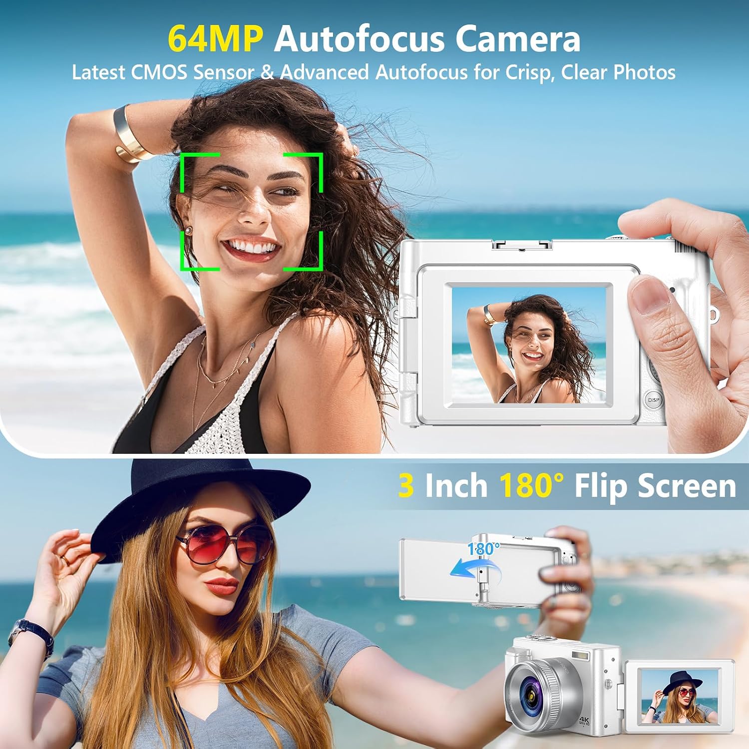 4K Digital Camera for Photography Autofocus, 64MP WiFi Vlogging Camera | 2 , SD Card, 3" 180°Flip Screen Selfie Compact Travel Camera for Teens with 16X Zoom, Anti-Shake, White