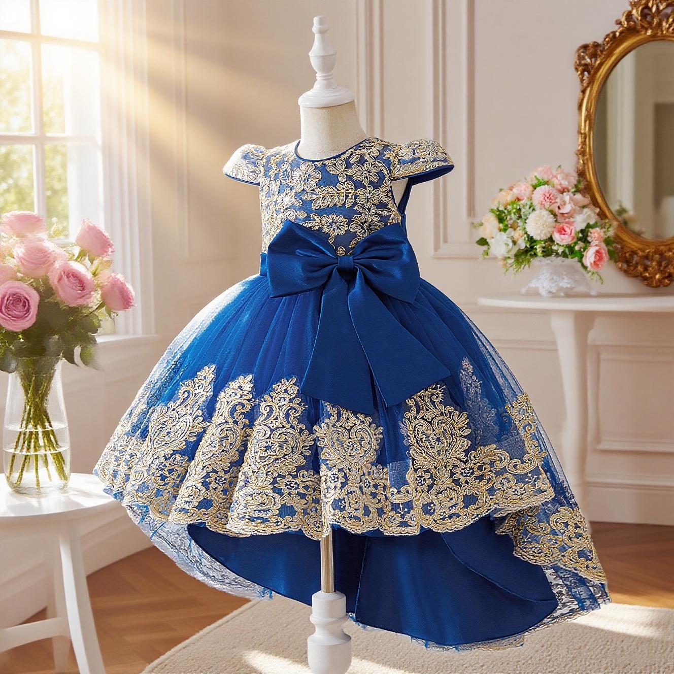 Champagne color dress with floral embroidery train design elegant and beautiful dress suitable for girls birthday party anniversary and prom Frill Trim Dress Birthday Party Dresses
