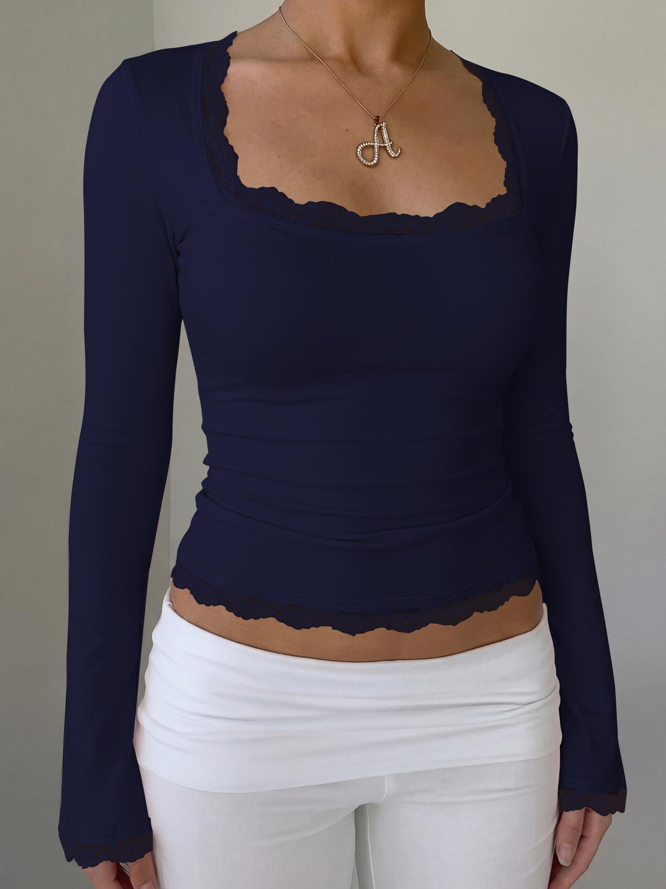 Women's Square Neck Top, Solid Lace Trim Long Sleeve T-Shirt, Elegant Chic Plain Flared Sleeves Slim Fit Crop Top for Spring, Fall and Winter, Womenswear, Blouses Shirts Tops, Casual Elegant Classy, Perfect for Parties, Dates and Everyday Wear