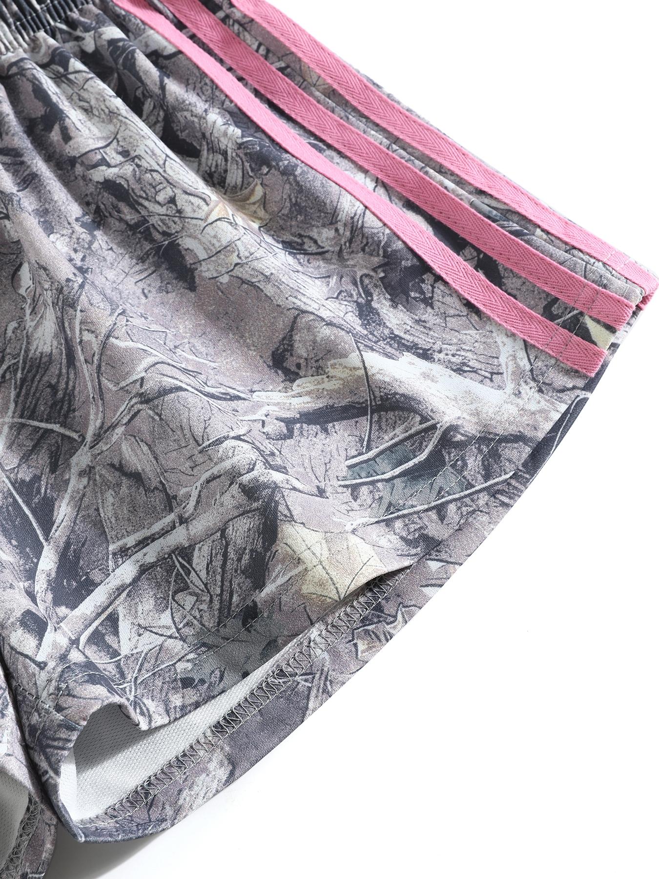 Women's Summer Camo Print Shorts, Casual Loose-Fitting Elastic Waist, Side Striped Design, Outdoor Wear, Daily Use, Bottom