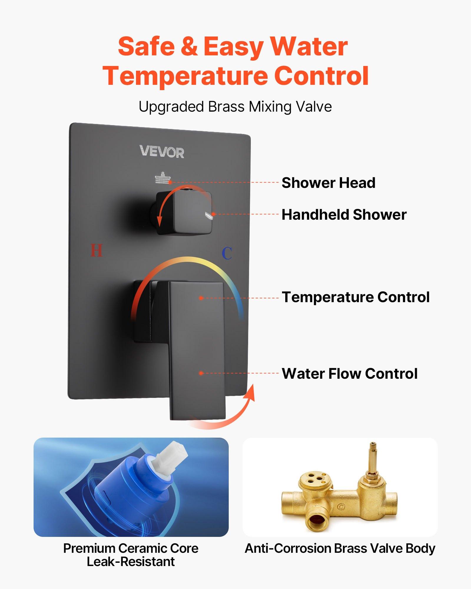VEVOR Shower Faucet Set, Rainfall Bathroom Shower System with 10-Inch Square Rain Shower Head and Handheld Spray, Ceiling Mount Bath Fixtures with Brass Valve and Trim Kit, Matte Black