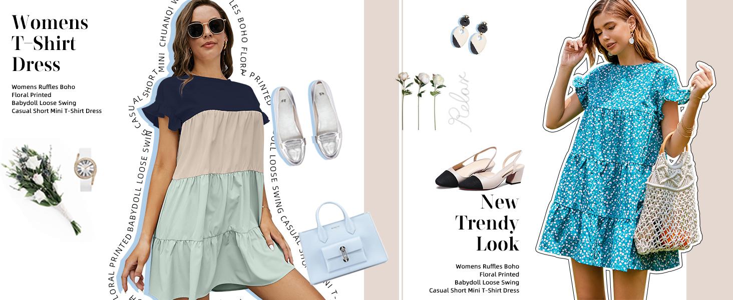 Wenrine Women's Ruffles Boho Floral Printed Babydoll Loose Swing Casual Short Mini T-Shirt Dress Summer Soft