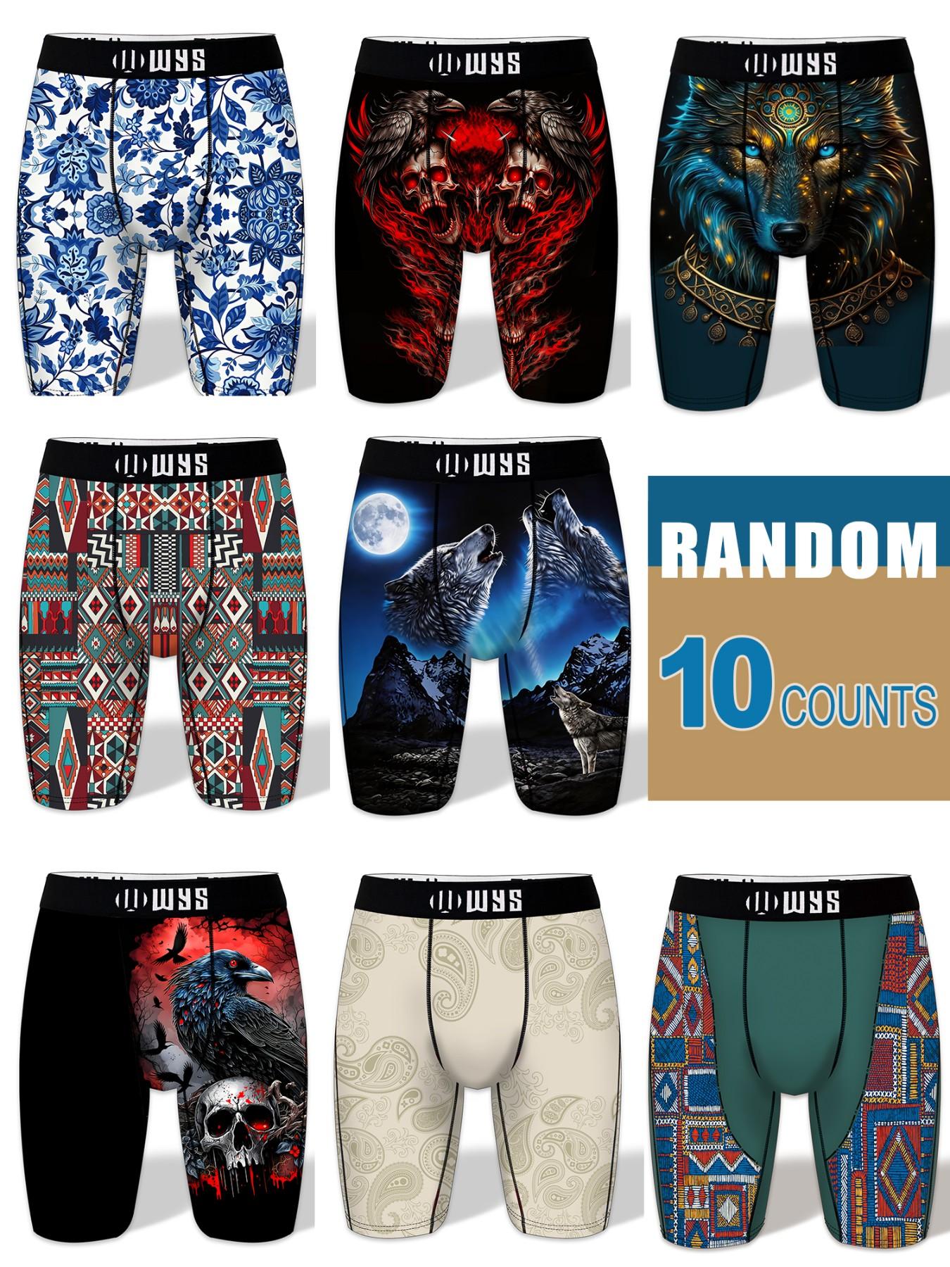 RANDOM 10PCS,Men's Long Athletic Stretchy Casual Boxer Briefs Set, Moisture-Wicking, Anti-Chafing, Quick-Dry, Halloween Skull Wolf Motorcycle Design Print, Comfortable Fit