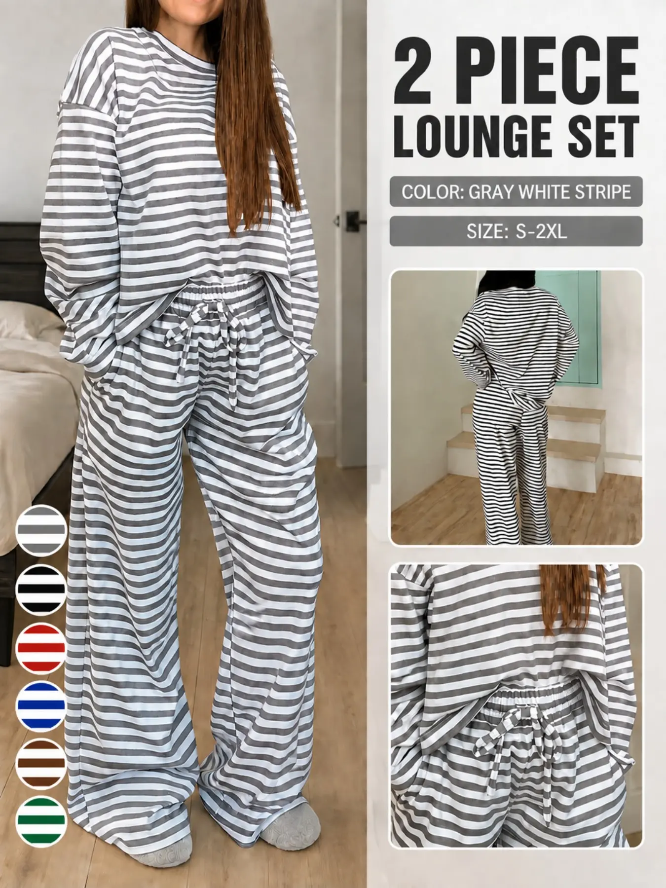 Women's Striped Long Sleeve Pajama Set, Casual Fitted Sleepwear for Spring & Fall, 2-Piece Outfit for Comfortable Nights
