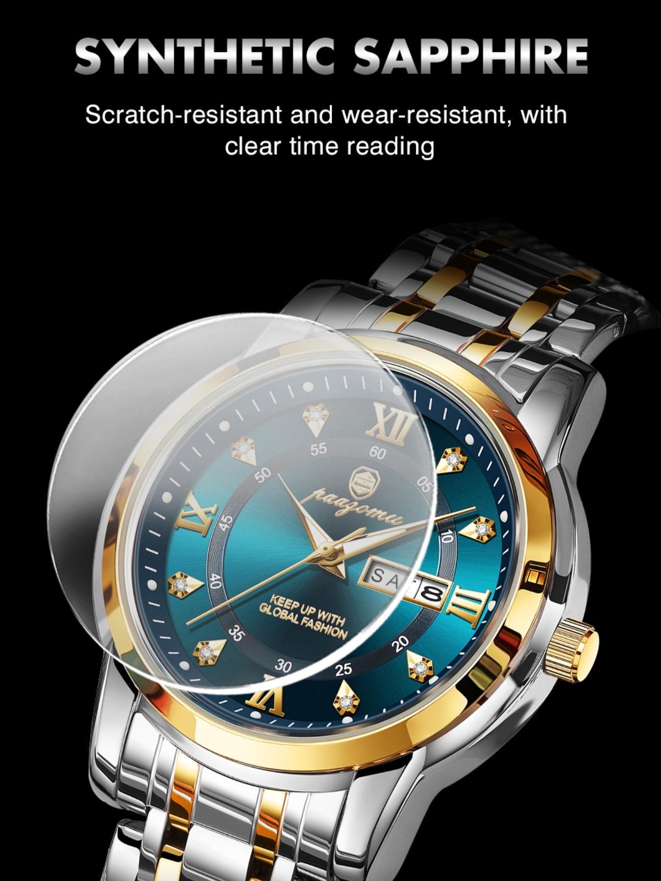 Paazomu Men's Wristwatch, Stainless Steel Waterproof Luminous, Casual Quartz Watch with Date and Week Display, Stylish Business Accessory