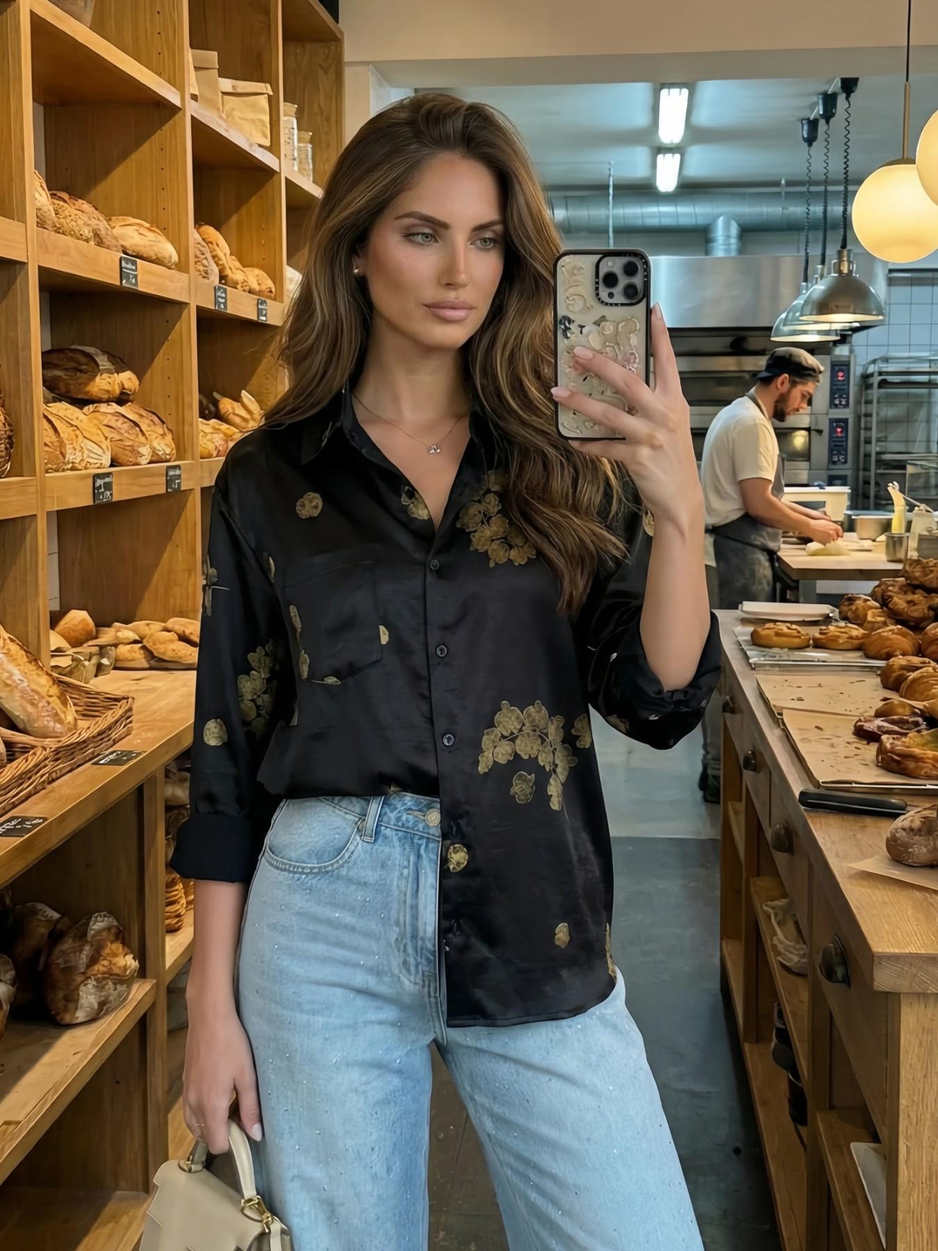 Women's Loose Long Sleeve Shirt, Elegant Inner Layer Casual Top, All-Over Pattern Design, Spring Fashion 2026 New Arrival