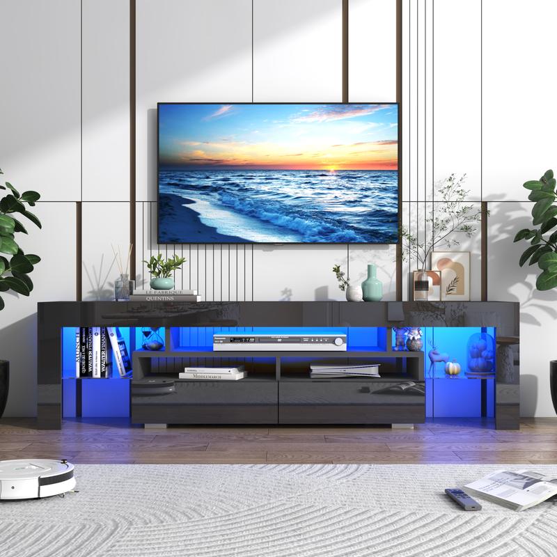 63inch LED TV Stand for 60/65/70 inch TV, High Glossy Modern Entertainment Center with Drawer and Open Shelf, Television Table Center Media Console for Living Room, Black/White