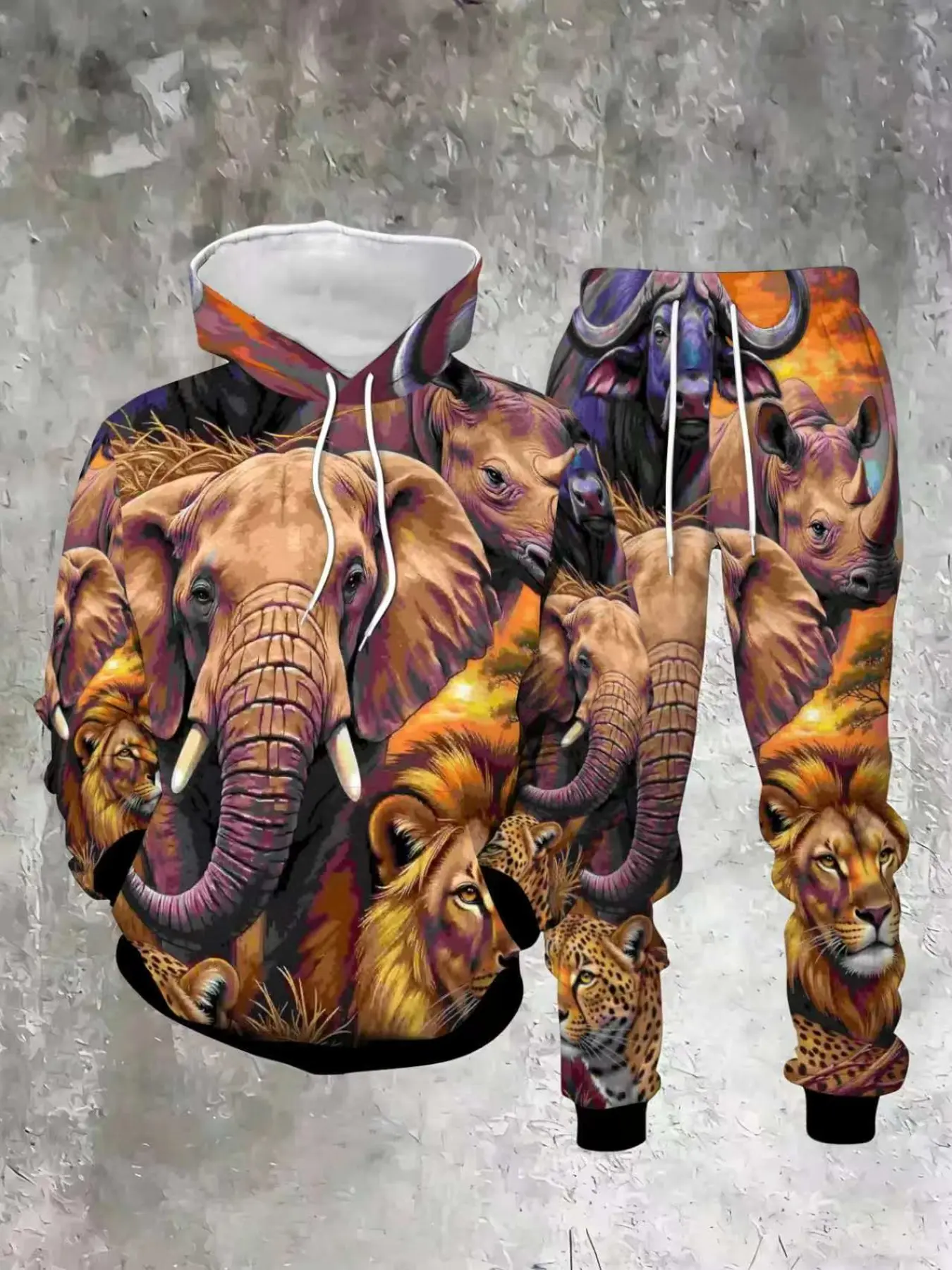 Men's American Style African Savanna Animal Print Set, 3D Hooded Sweatshirt and Pants, Polyester Casual Sportswear, Regular Fit
