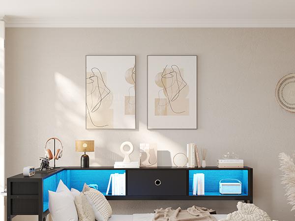 Hasuit Twin Corner Bed Frame with Storage Drawers and Bookcase Headboard, Twin Size Metal Platform Corner Bed Frame with Charging Station and LED Lights, Twin Daybed for Kids Teens Guests