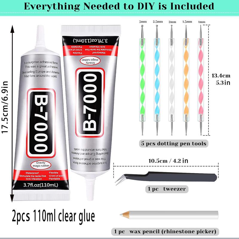 110ml/3.7 Fl Oz Multi-Purpose B6000 Adhesive, Clear Crafting Glue with Precision Dotting Pens, Wax Pencil & Tweezer Kit for Jewelry, DIY Projects & Art Creation
