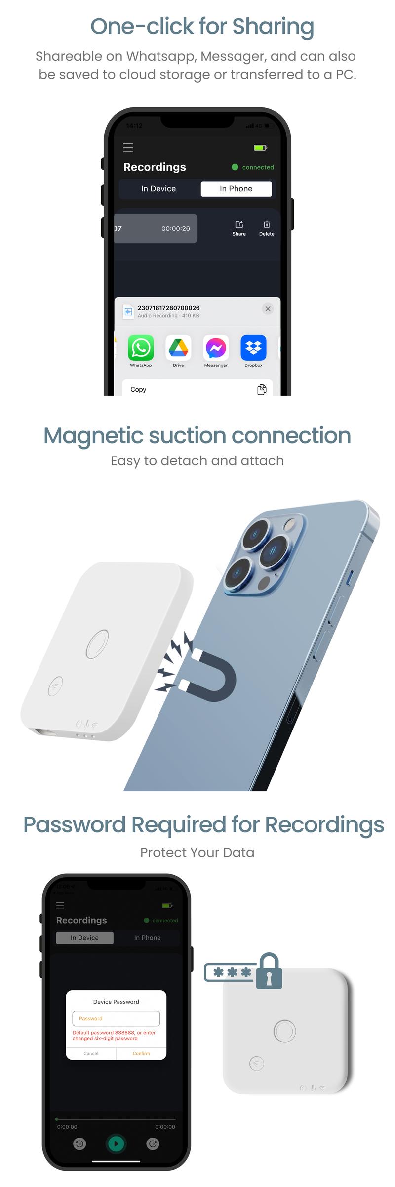 Advanced AI Digital Voice Recorder,IOS Phone Calling Recorder, Perfect for Bussiness, Learning, Couple, Parents, 100 Languages Transcription & Summary, 64GB , Call Recorder, Secure, Magnetic design