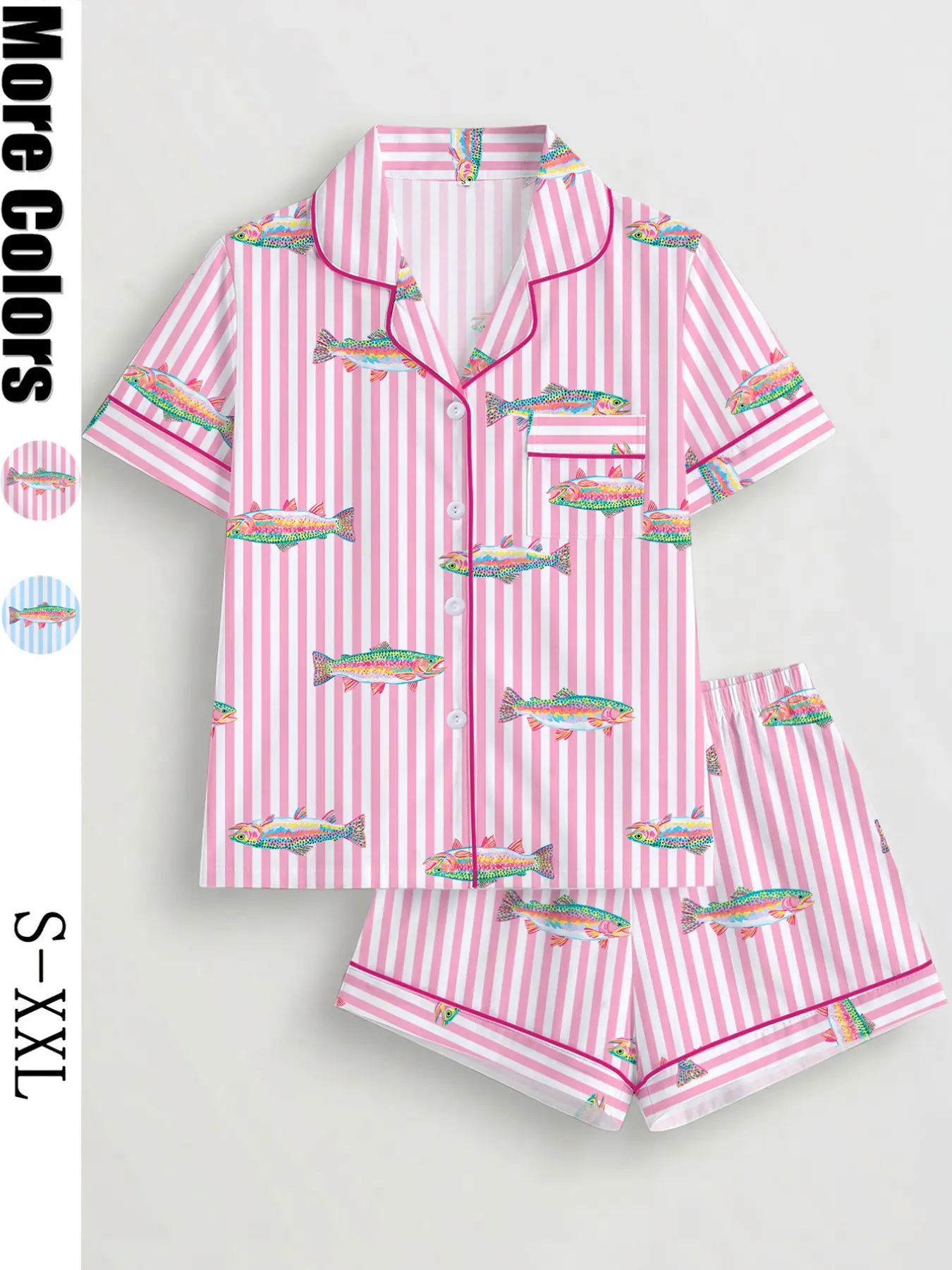 Women's Pajama Set, Striped Fish Print, Short Sleeve Button-Up Top, Elastic Shorts, Casual Home Wear, Comfortable Sleepwear