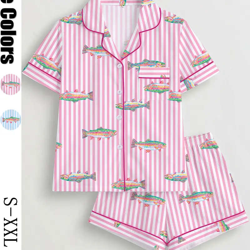 Women's Pajama Set, Striped Fish Print, Short Sleeve Button-Up Top, Elastic Shorts, Casual Home Wear, Comfortable Sleepwear, Loungewear