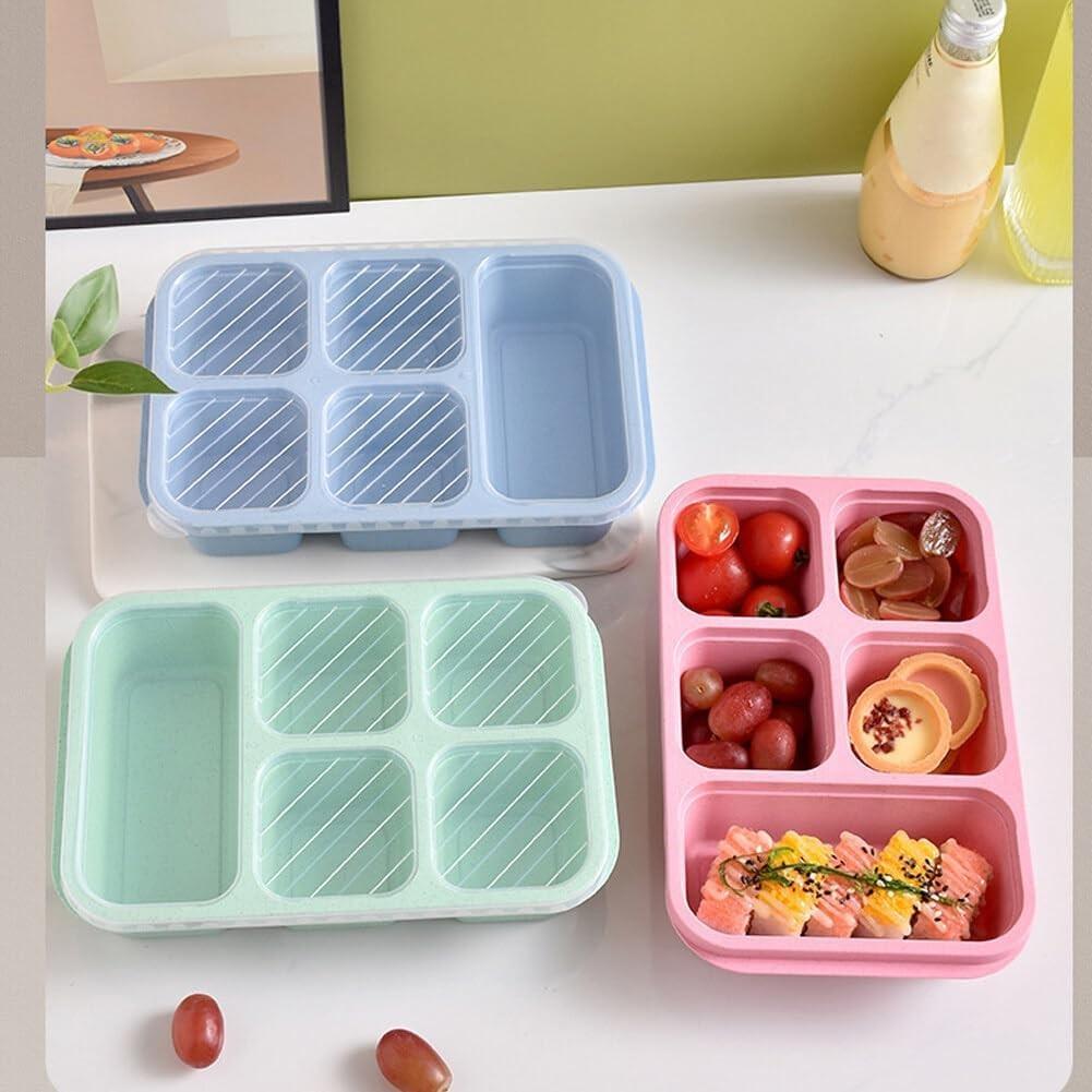 Wheat Straw Bento Snack Box Containers, 4-Pack 5-Compartment Meal Prep, Reusable Food Storage, Stackable, Ideal for Work & Travel, Lunch Boxes