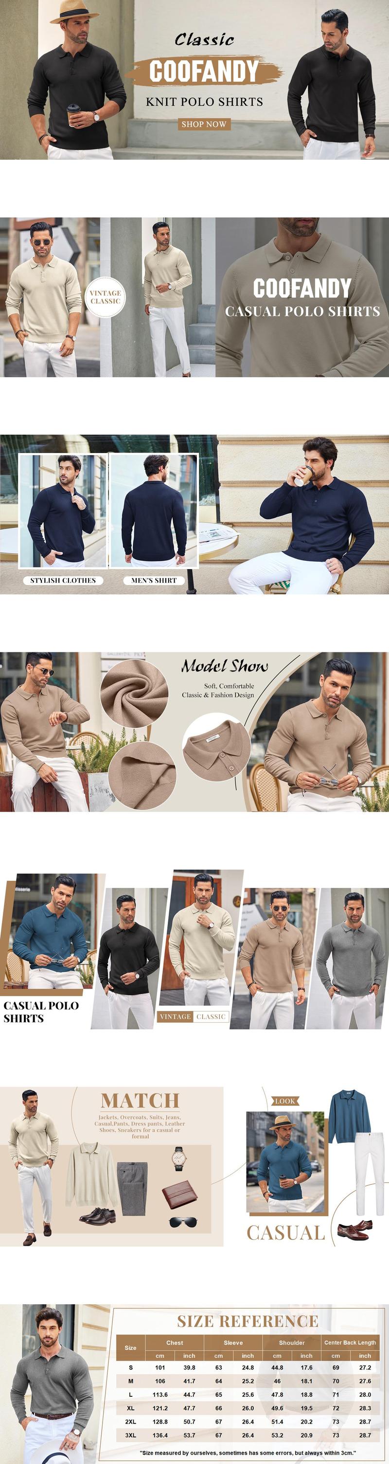 COOFANDY Mens Knit Polo Shirts Casual Long Sleeve Classic Polo Shirts Button Down Golf Shirts