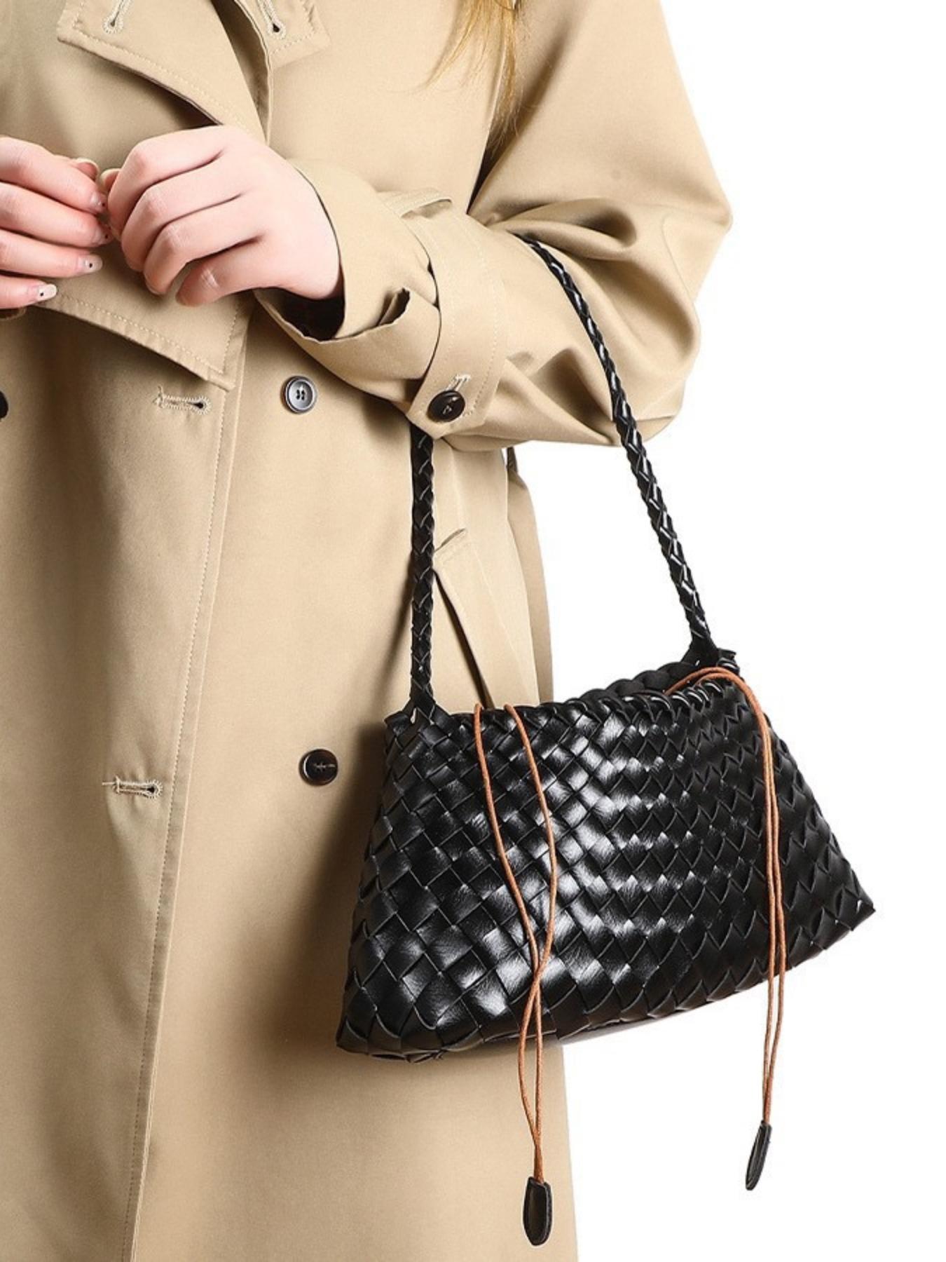 Vintage Handwoven Bag for Women, Commuter Crossbody Shoulder Bag, Versatile Drawstring Basket Bag, French Lazy Style, Perfect for Work and Dates