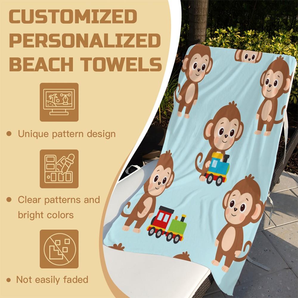 Cute Cartoon Monkey Beach Towel, Train/Easter Egg Monkey Style, Quick Dry Soft Skin-Friendly Absorbent, Sand Free Beach Towel for Pool Camping, Suitable for All People, Ideal Gift Choice