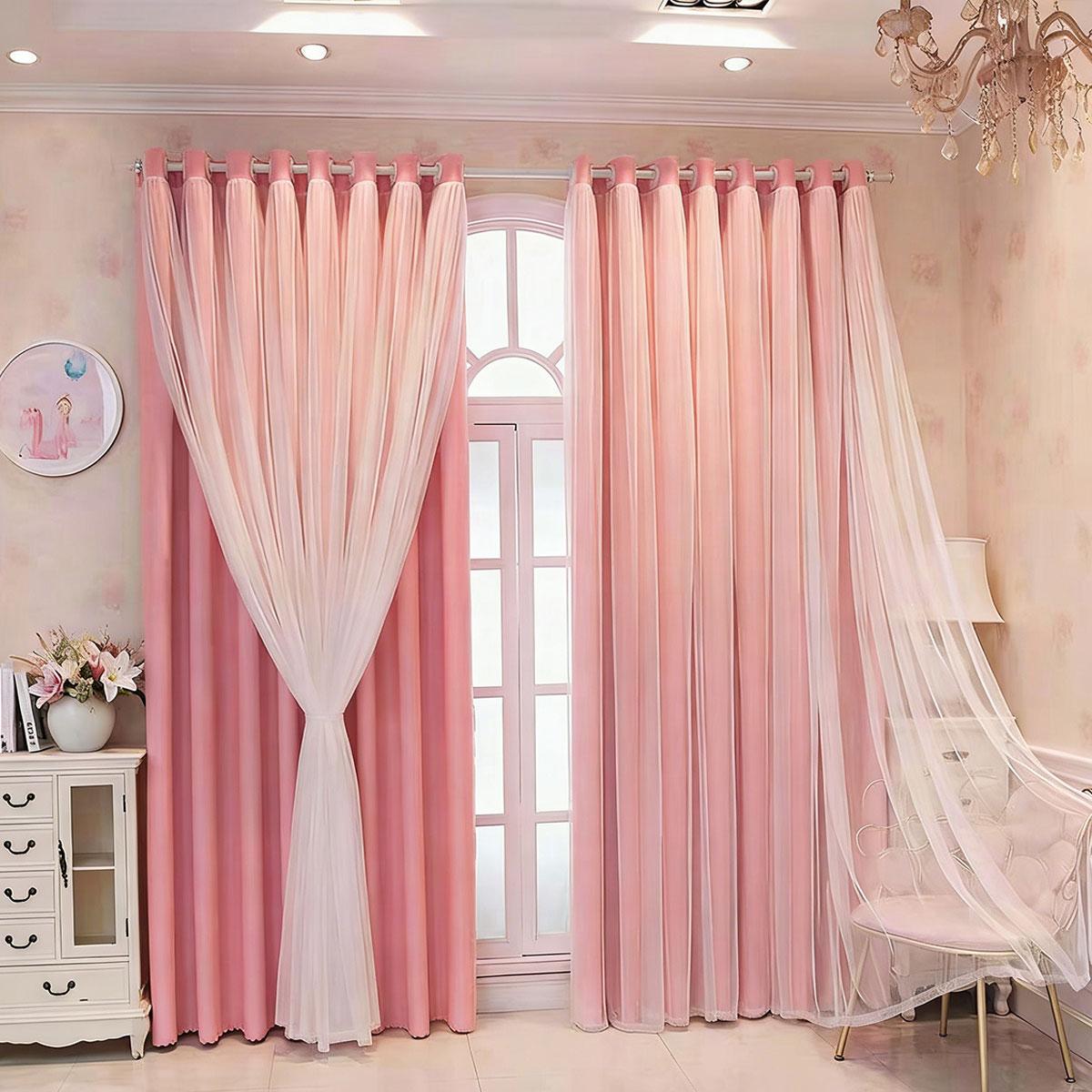 2pcs Wind Double Layer Sheer Curtain Set, Bedroom Girl Style Light Blocking Curtains, Living Room Balcony Soft Atmosphere Curtains