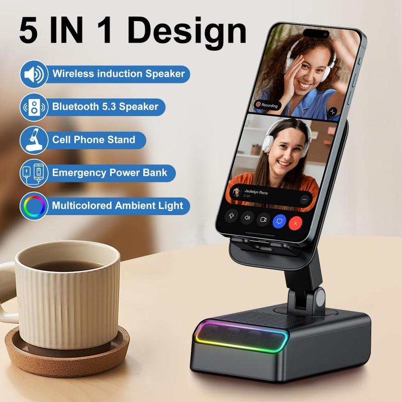 Wireless Bluetooth-compatible Speaker Bt5.3, Multifunctional Desktop Speaker, Five-In-One Phone Stand with LED Light, Compatible with iPhone & Android Phones, No Battery Included