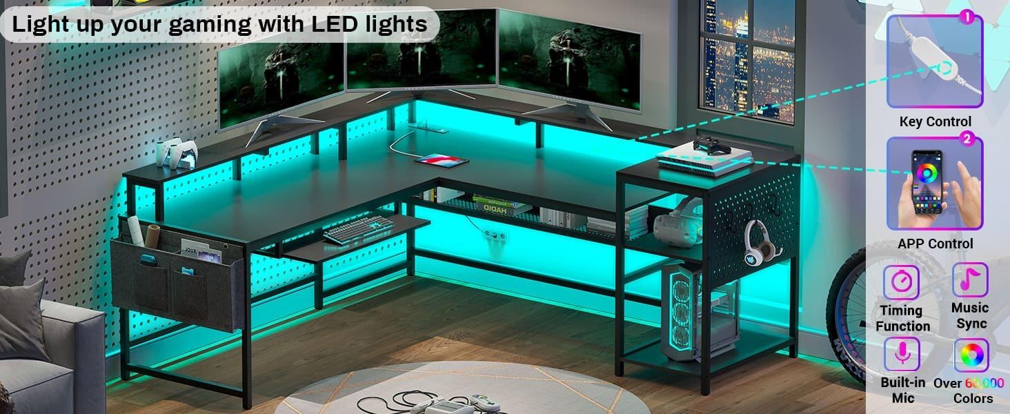 Sikaic L Shaped Reversible LED Gaming Desk with Power Outlets Strip Monitor Shelf Keyboard Tray Pegboard and Storage Shelves