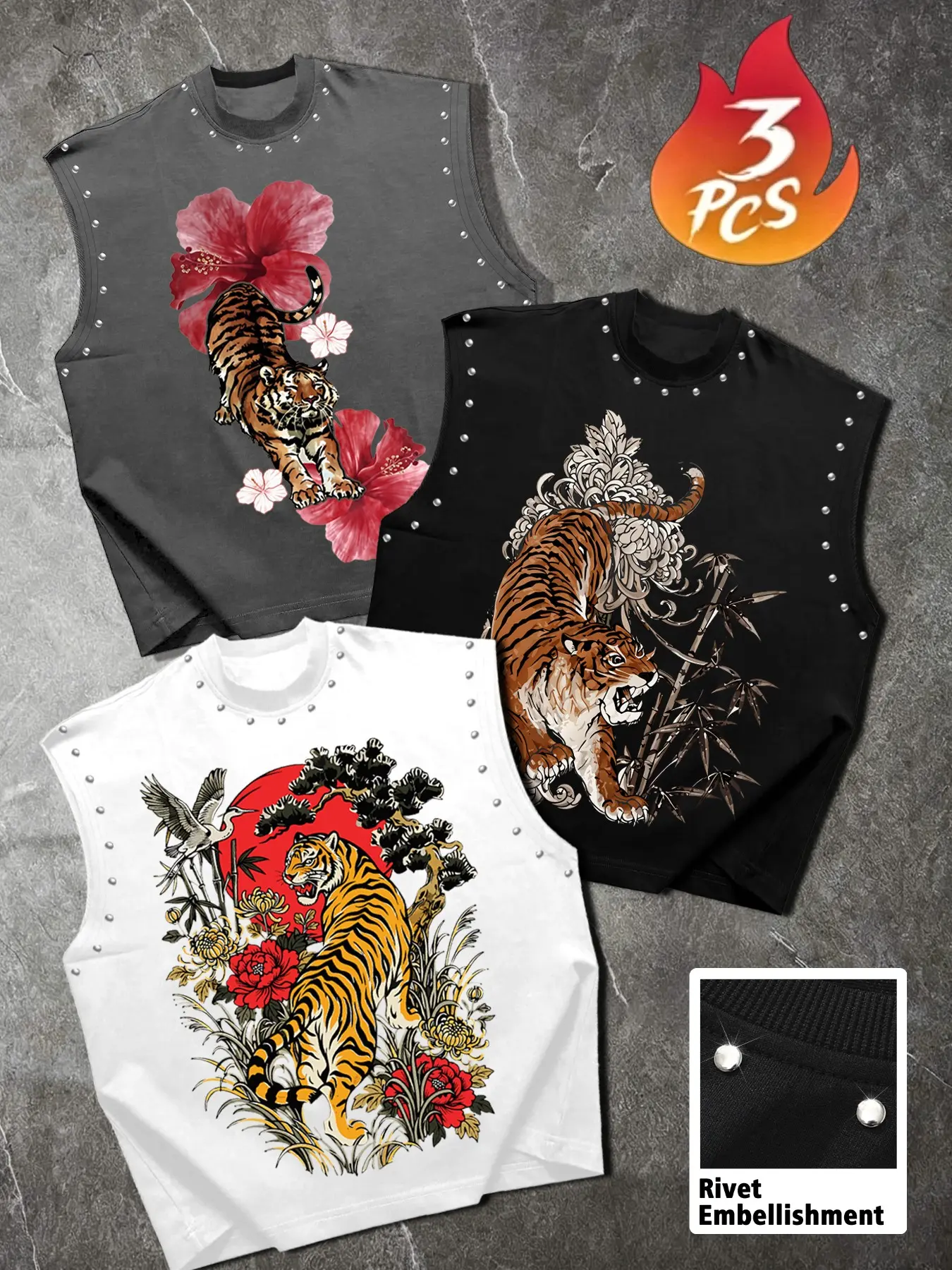Men's Sleeveless Vest Three-Piece Set, Rivet Trim Floral Tiger American Style, Perfect for Outdoor Activities and Trendy Photo Sessions