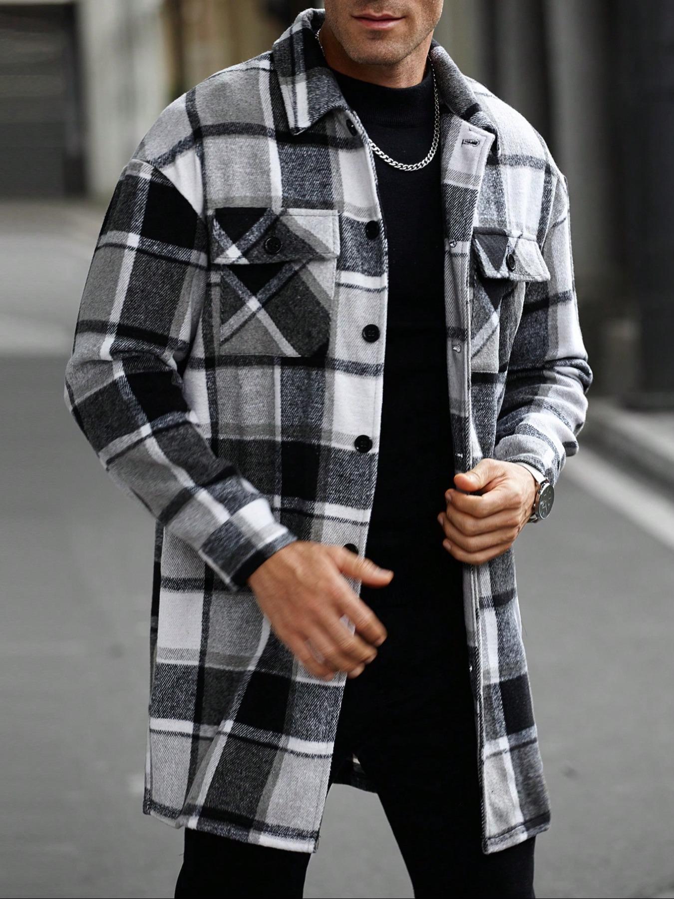 Men's plaid check long coat, Long Sleeve, with a buttoned lapel, loose fit, front button pockets, suitable for daily wear in autumn and winter, comfortable and warm, men's trench coat, autumn and winter