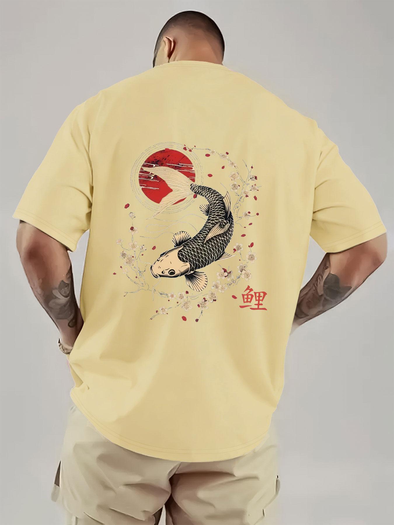 Japanese Koi and Cherry Blossom Print Men's T-Shirt, Breathable Heavyweight Short Sleeve, Streetwear for Music Festivals and Daily Wear