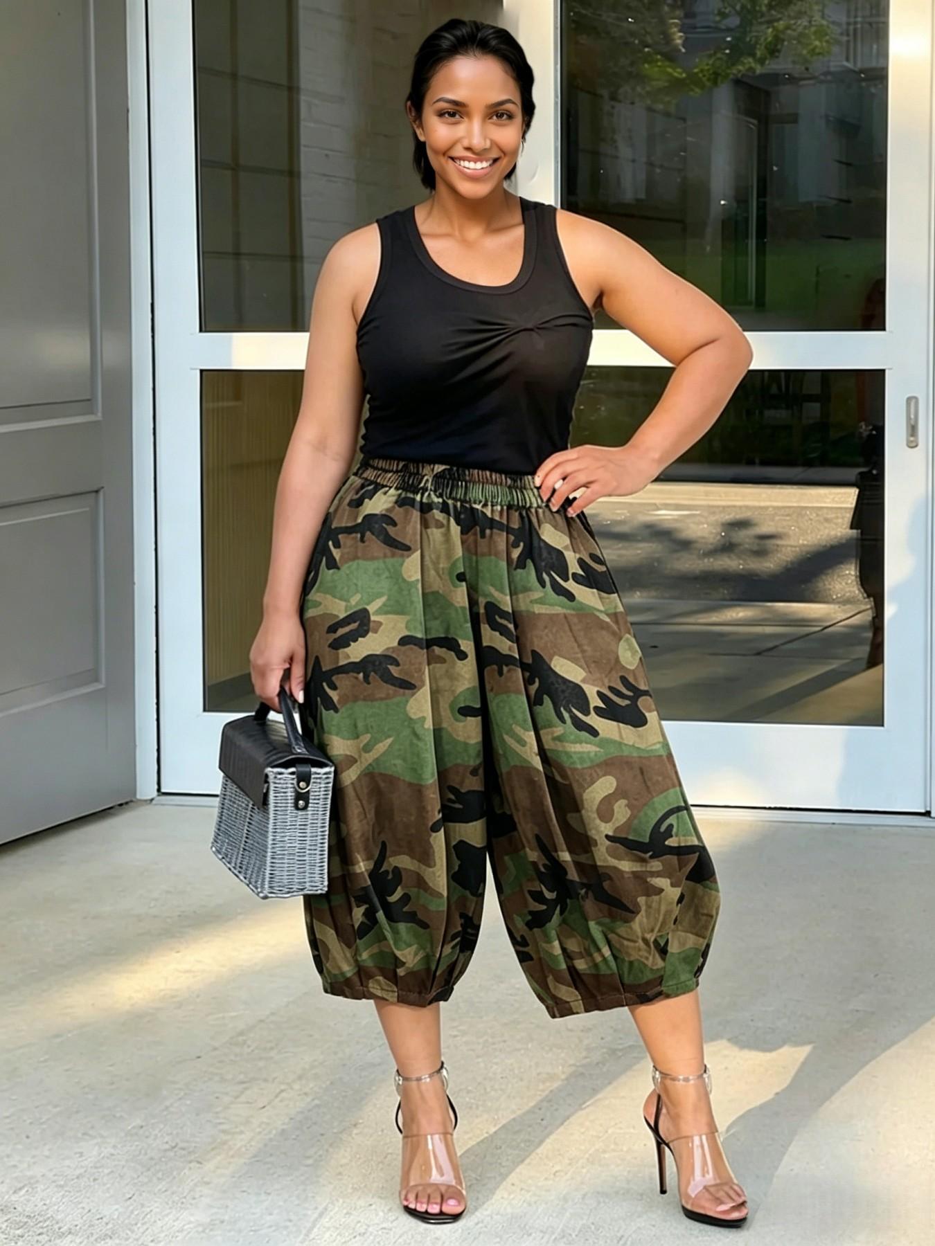 Women's Fashion Casual Camouflage Print Pants, Elastic Waist Lantern Seven-Eighths Pants, Retro Vintage Style Loose-Fitting Trousers
