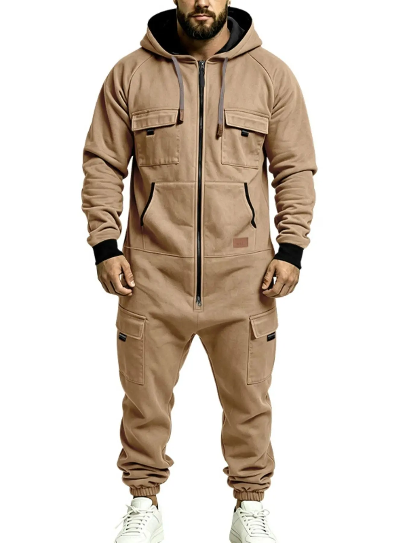 2026 Men's Hooded Workwear Jumpsuit, New Arrival, Street Fashion, Fall Winter, Full Zipper, Multiple Pockets, Long Sleeve, Casual