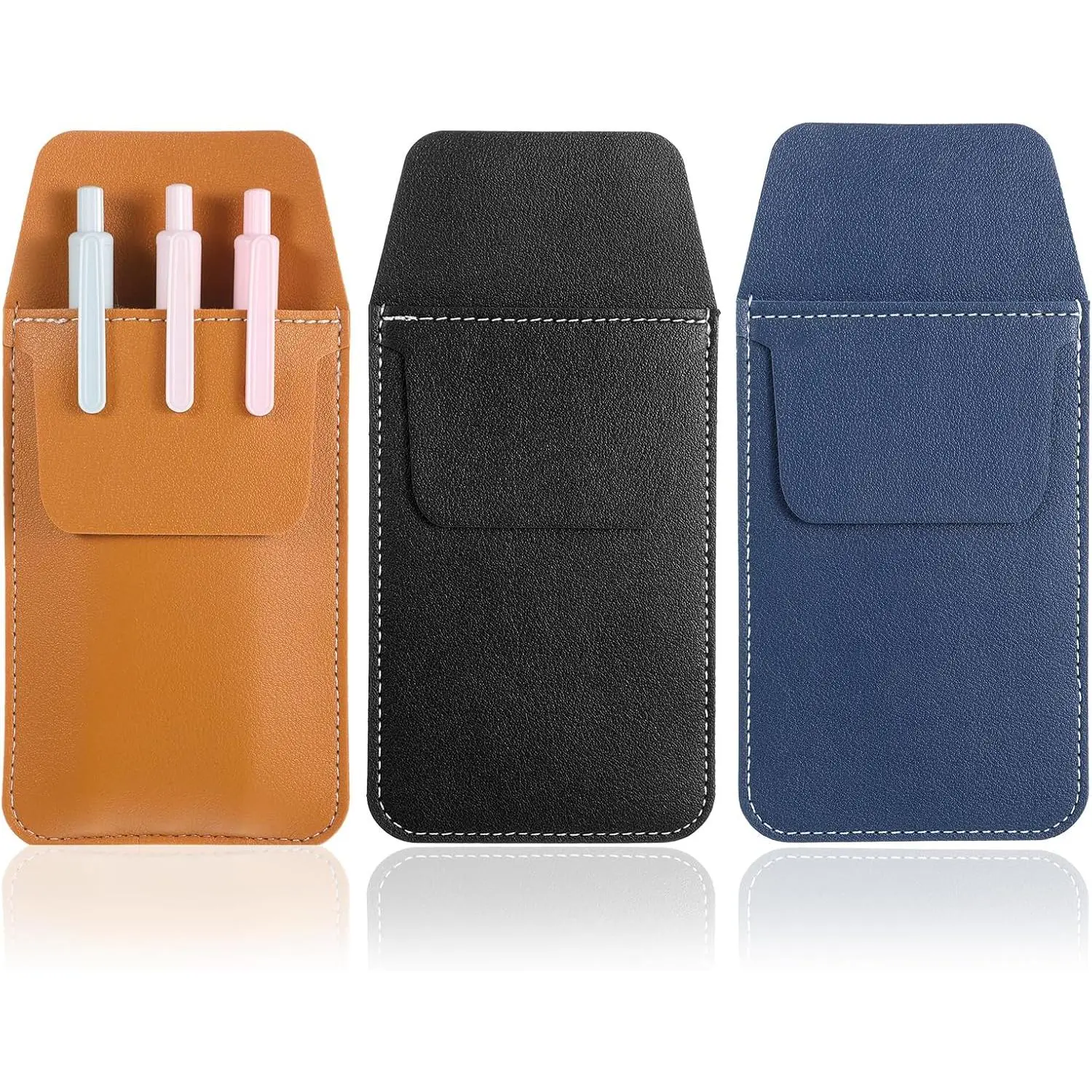 3 count PU Leather Pocket Pen Holder Organizer Pouch, Leather Pocket Protector, MultiPurpose Pen Pocket-Protector, Pens Sleeve for Shirts, Coats, Pants (3 Colors, 6.3x3.2 Inch)