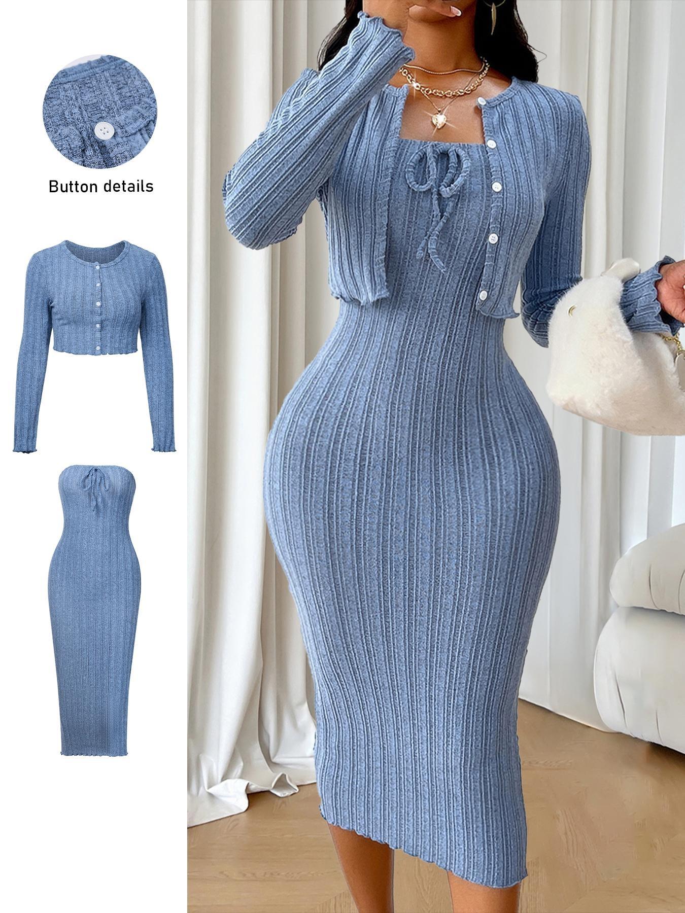 Aliling Women's Solid Button Front Crop Top & Ribbed Bodycon Dress Set, Fashion Cozy Two Piece Outfits for Daily Outdoor Wear, Women Clothes for Spring