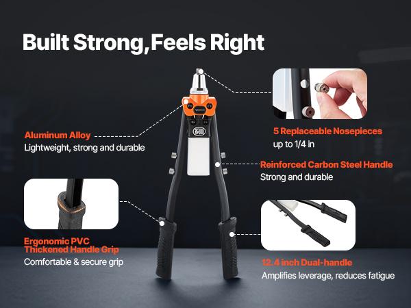 VEVOR Pop Rivet Gun Kit, with 230 Blind Rivets, Two-Handed Riveter with 5 Interchangeable Nosepieces, 5 Drill Bits, and a Carrying Case, Manual Riveting Tool for Metal, Automotive, Home, and DIY