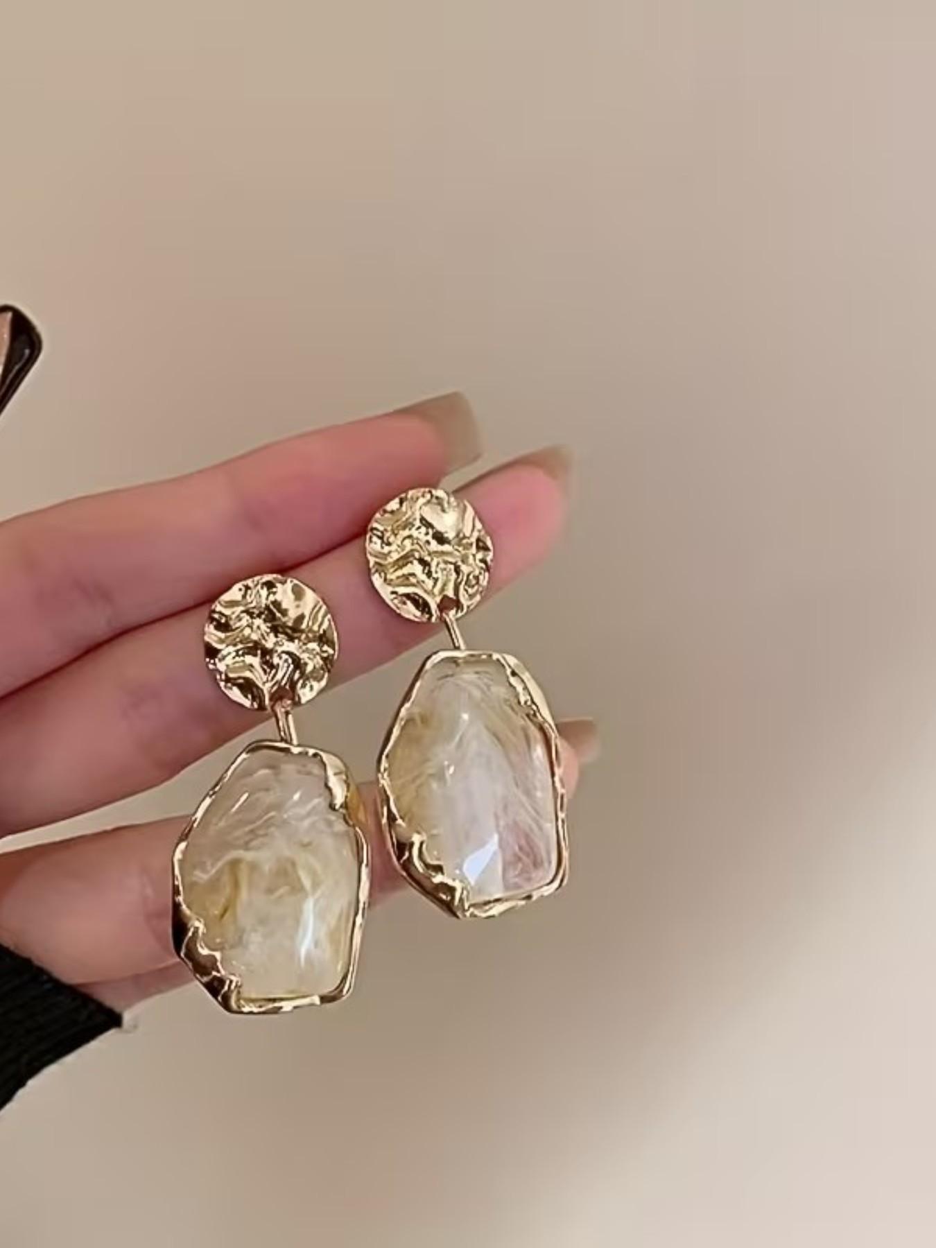 Vintage Elegant Irregular Geometric Resin Dangle Earrings, Simple Chic Style, Women's Metal Texture Earrings, Perfect for Daily Wear, Ideal Gift