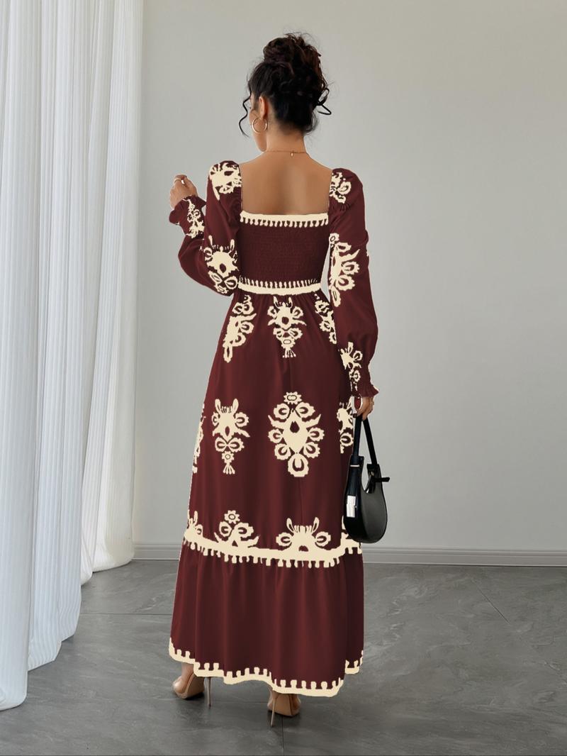 Women's Vintage Floral Lantern Sleeve High Waist Dress, Square Neck Shirred Design, Valentine's Day Party Elegant