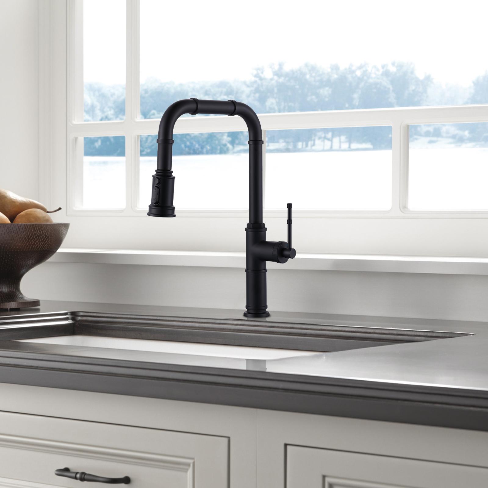 WOWOW Modern Brass 3-Function Single Handle Pull-Down Sprayer Kitchen Faucet with Deckplate in Matte Black