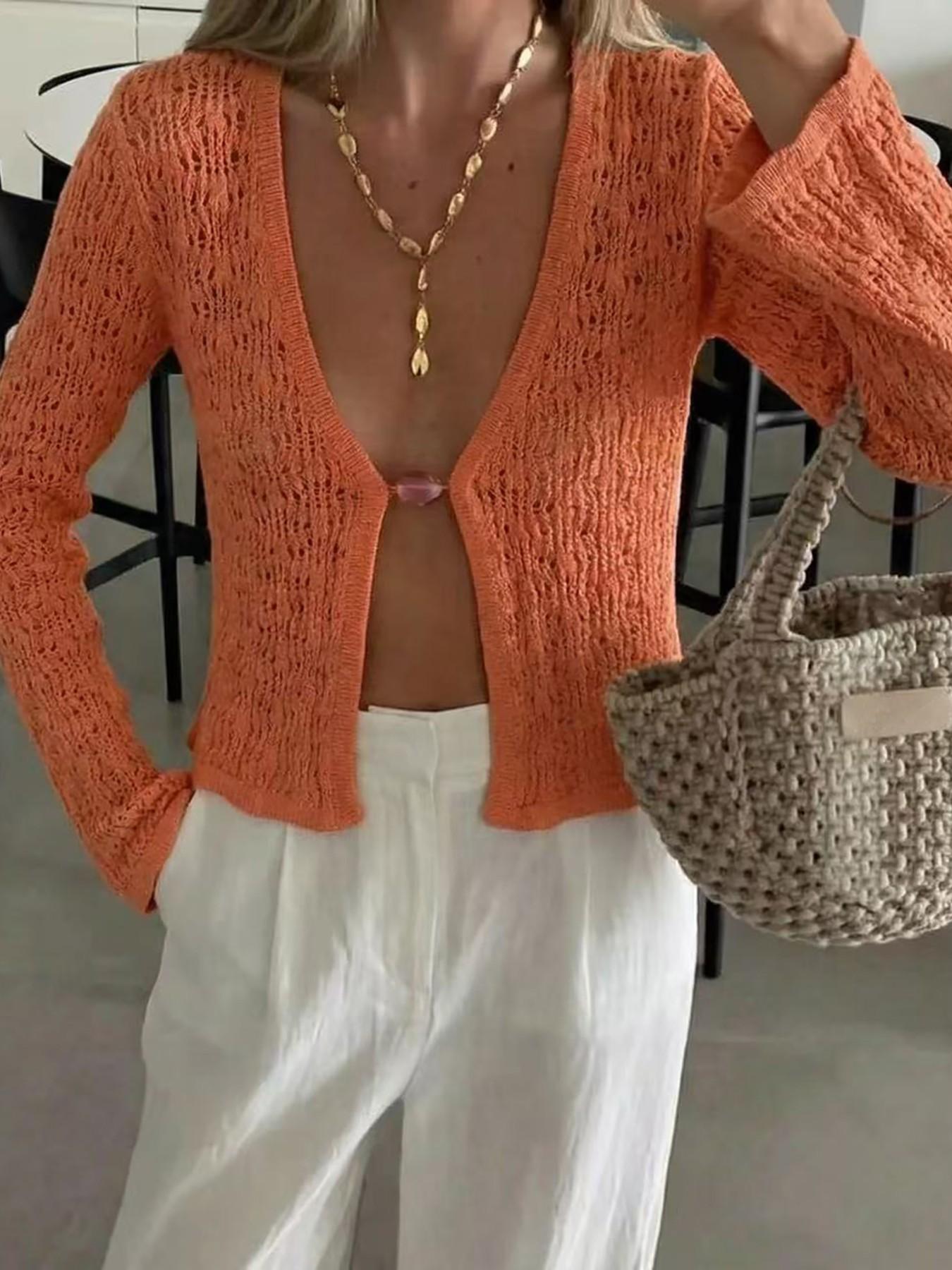 Transparent V Neck Knit Pullover, Long Sleeve Fitted Top, Casual Cut Out Design, Lightweight Breathable Outerwear for Beach Holidays