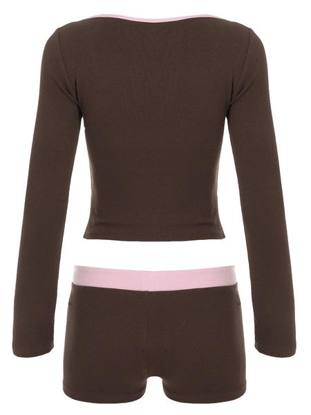 Women's Colorblock V Neck Long Sleeve T-Shirt & Shorts Set, Casual Home Wear, Comfortable Two-Piece for Daily Use