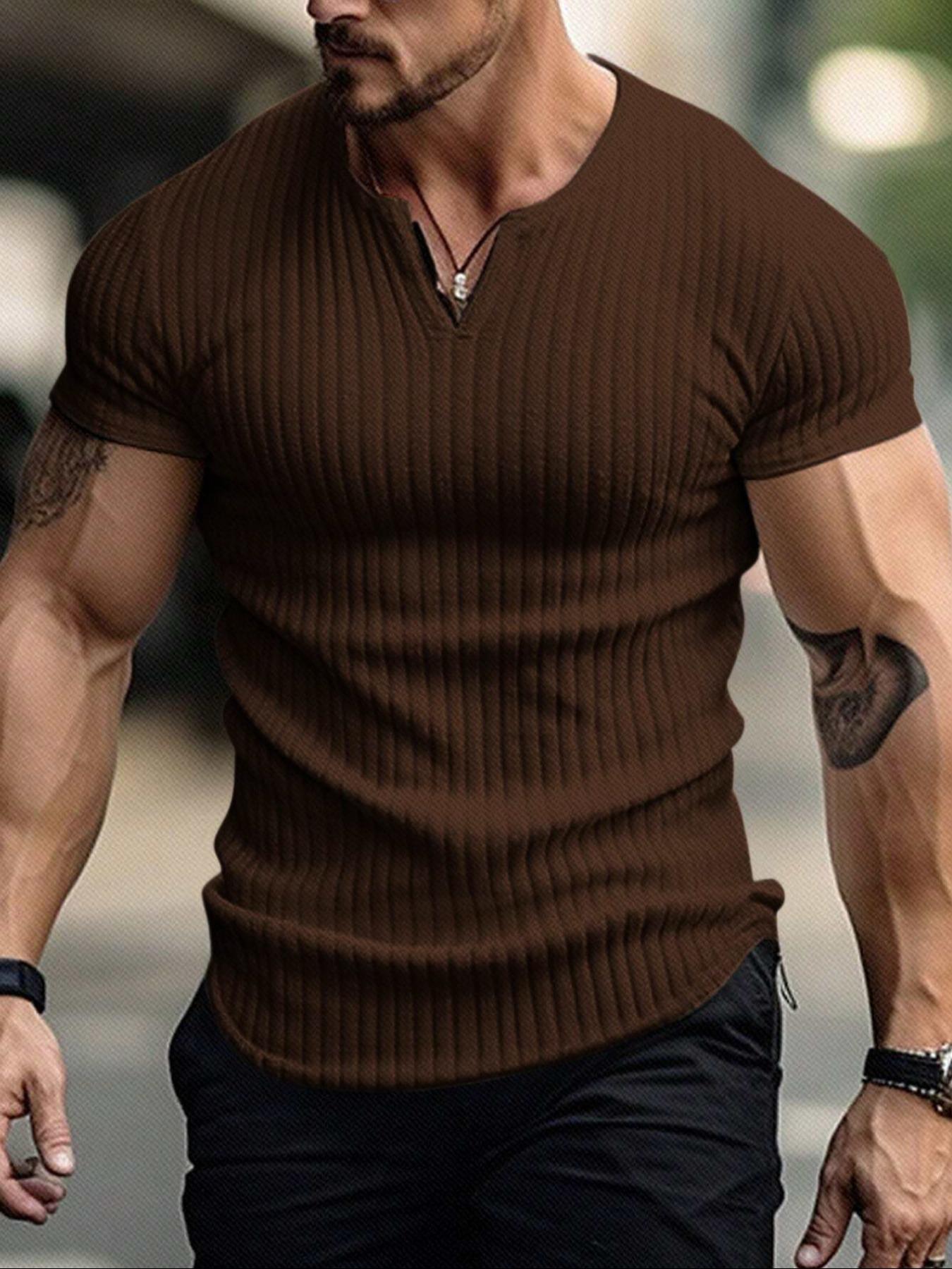 Men's Spring Summer Outfits Vertical Striped Textured V-Neck Short Sleeve T-Shirt for Daliy Wear, Gym Wear Solid Color Old Money Style, Casual Sporty Essential for Man's Wardrobe.