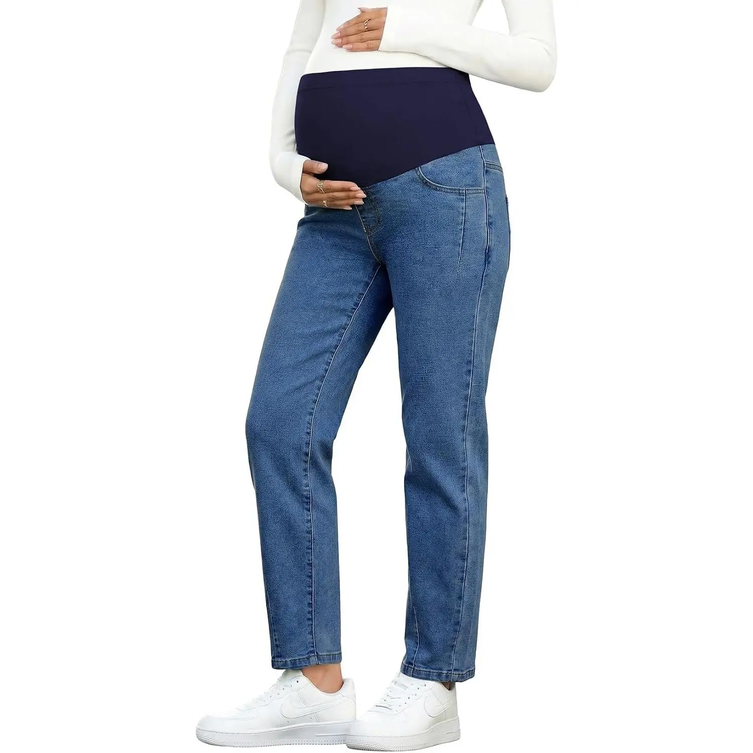 Womens Over The Belly Straight Leg Maternity Jeans Stretchy High Waist Pregnancy Pants with Pockets