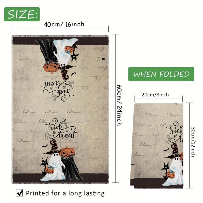 Halloween Kitchen Towels/Dish Towels (Set of 2, 16 x 24 inches) - Featuring vintage pumpkin, ghost, and black cat patterns; suitable for cooking, baking, and cleaning, or as "Trick-or-Treat" themed hand towels or tea towels.