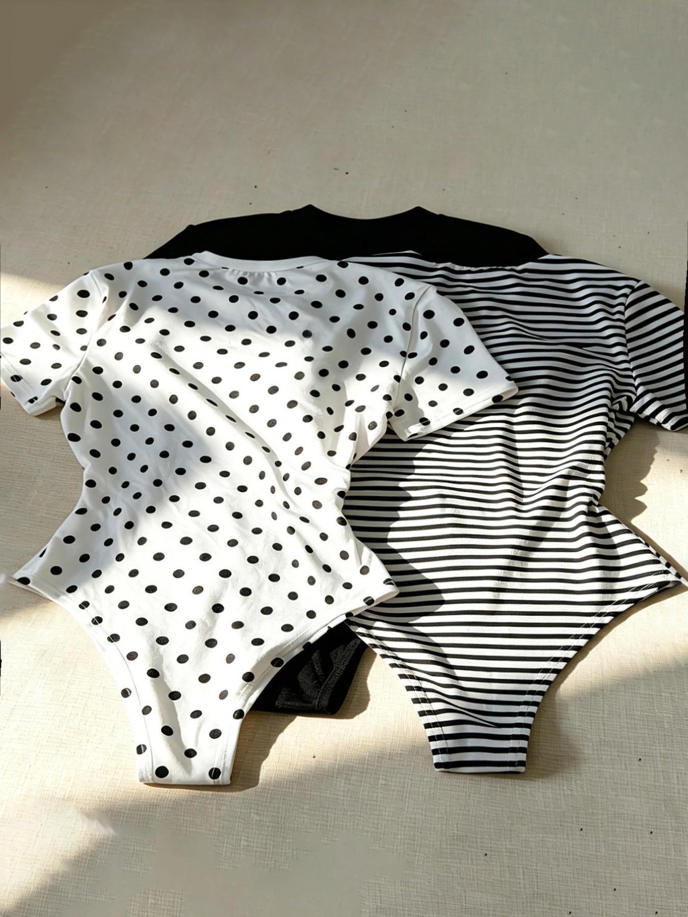 Women’s Short Sleeve Slim Fit Bodysuit, Bodycon Fitted Bodysuit, Casual Chic Aesthetic Polka Dot & Striped Print Crew Neck Bodysuit, Stretchy Soft Fabric, Versatile for Daily Wear and Summer Outfits, Fashion Womenswear