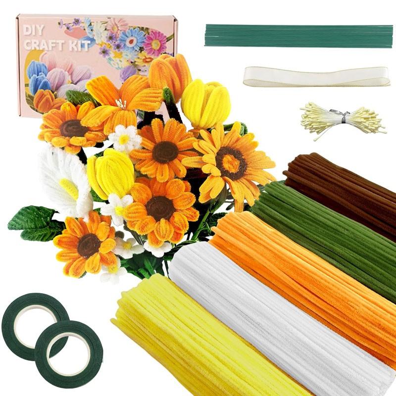 400pcs/set DIY Floral Pipe Cleaner Craft Kit, 4 Mixed-Color Furry Stems for DIY Flower Making, Includes Floral Wire, Tape, Stamens and Ribbon, Ideal for Birthdays, Weddings, Graduations and Other Occasions