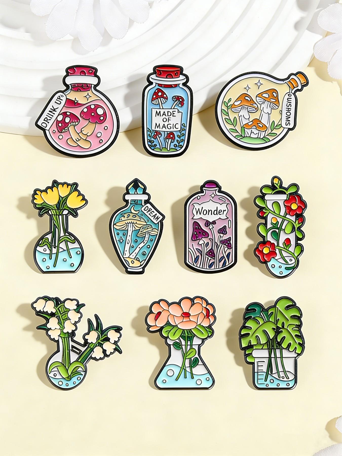 10Pcs Fantasy Magic Plant Bottle Brooch Set, Mushroom Flask & Floral Beaker Design, Fashion Clothing Accessory, Unisex Daily Wear Gift