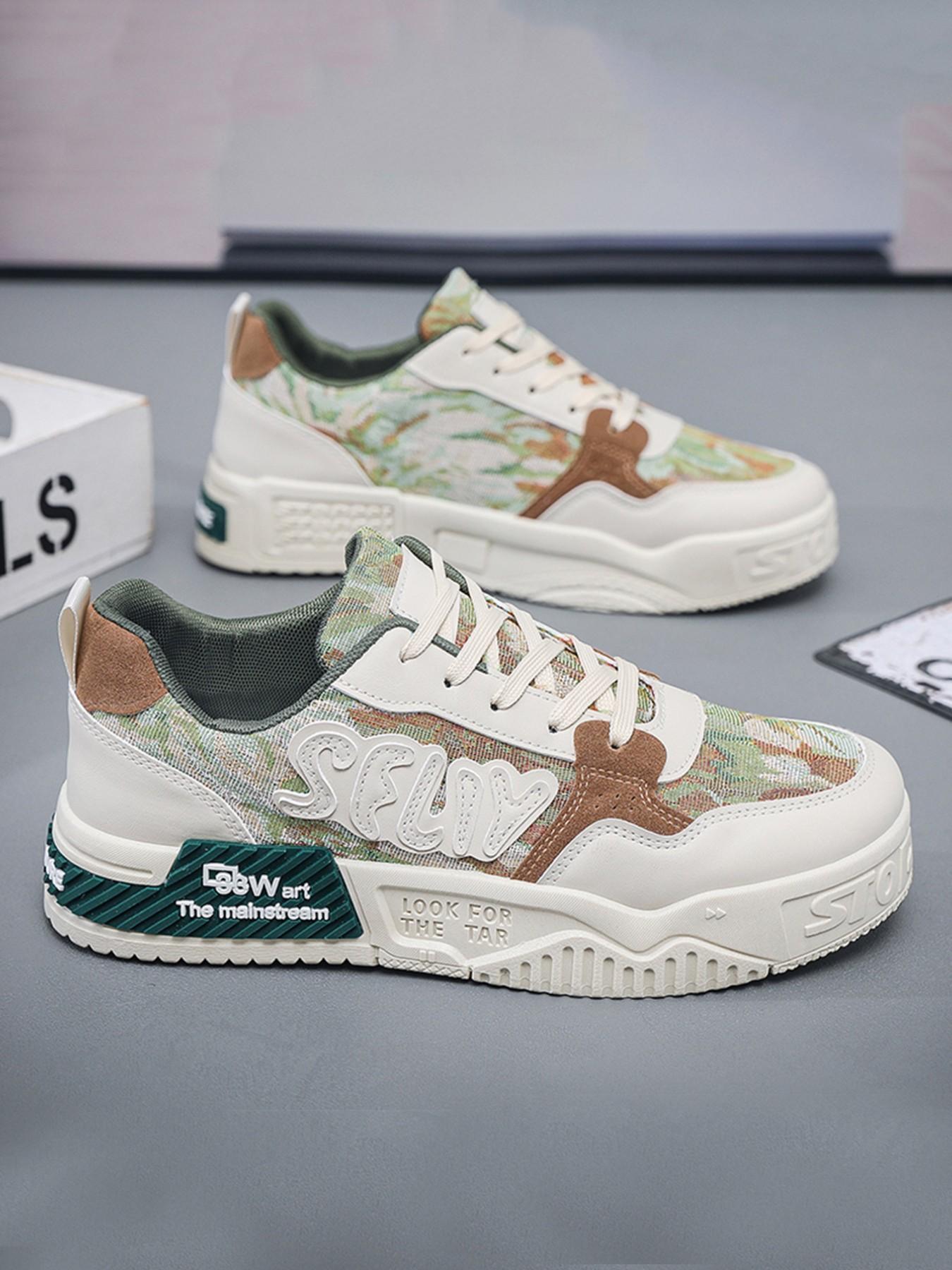 Men's Casual Sports Shoes, Spring Summer New Arrival, Size 39-44, Mint Oil Painting Style, Soft Sole Breathable Trendy Board Shoes