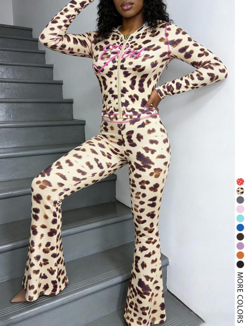 【LovelyWholesale】Two-piece Set Women's Colorblock Letter Print Zip Up Crop Jacket & High Waist Flare Leg Pants, Casual Fashion Cozy Breathable Outfits for Yoga Gym Workout, Ladies Sportswear for Fall