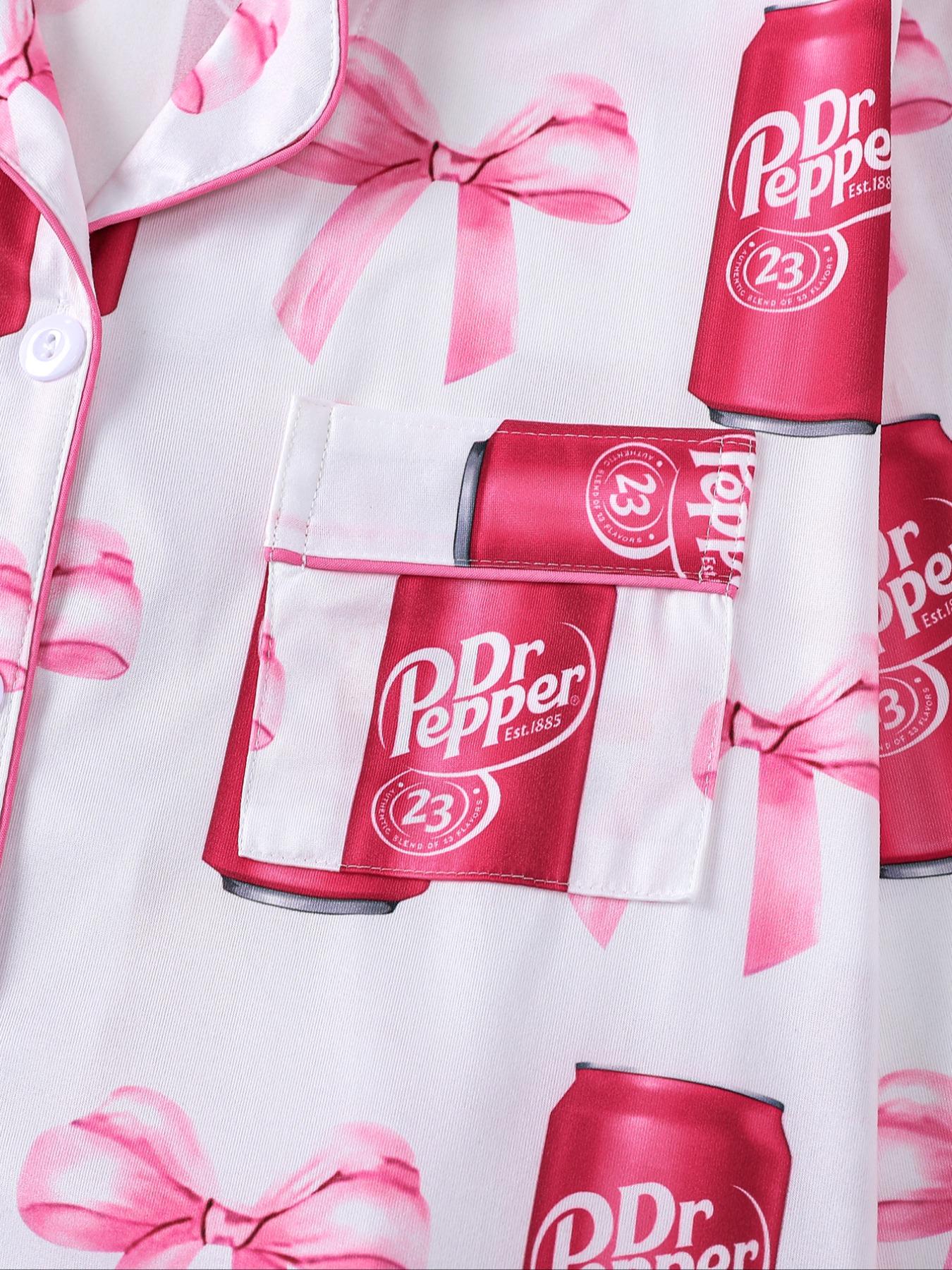 Dr Pepper,Women's Fall Winter Home Set, Soda Pattern Printed Sleepwear, Shirt Collar Button Long Sleeve Top and Loose Elastic Pants, Pajama Set