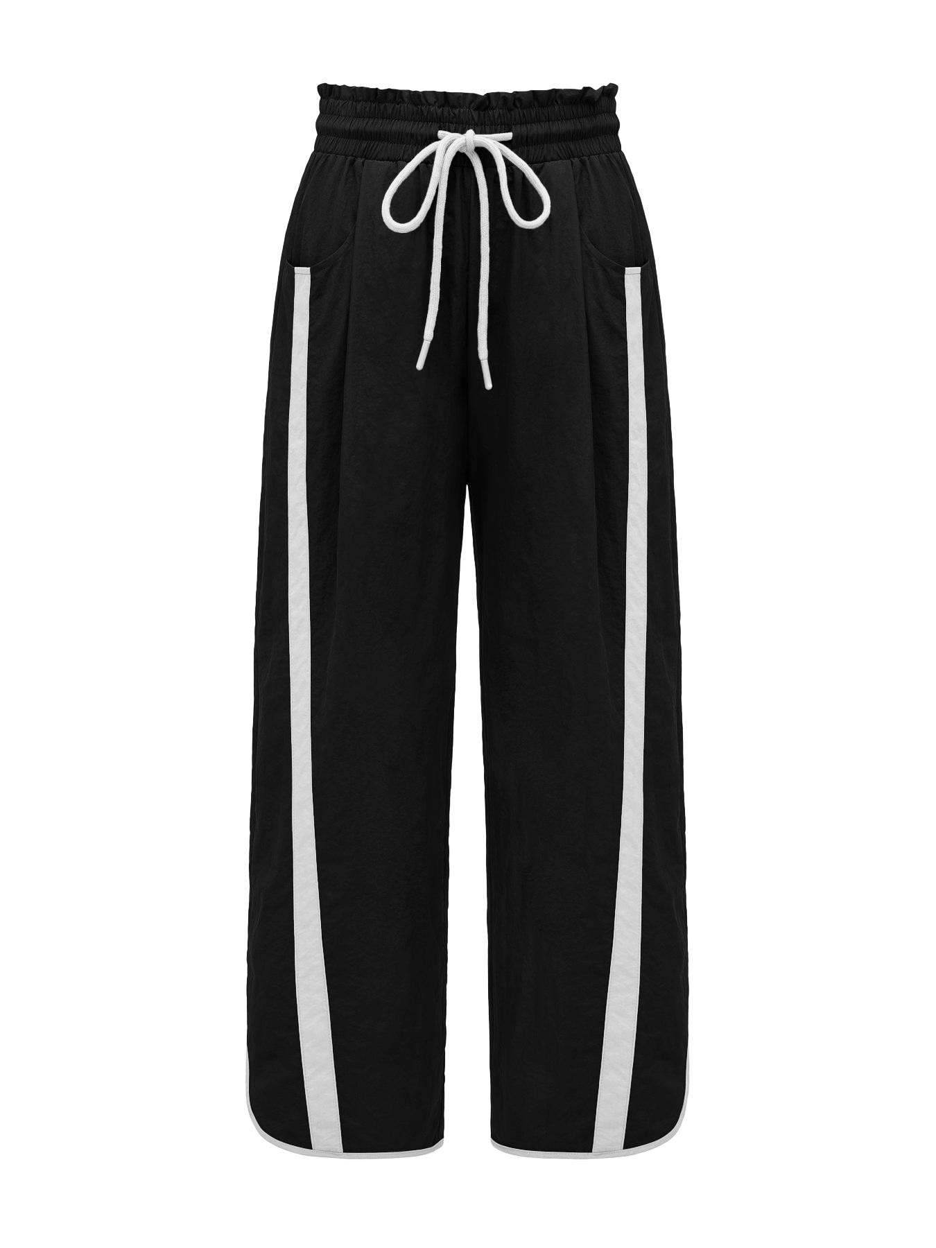 Women's Loose Wide-Leg Pants, Casual Drawstring Elastic Waist Colorblock Sportswear, Fashion Y2K Nine-Quarter Pants, All Seasons