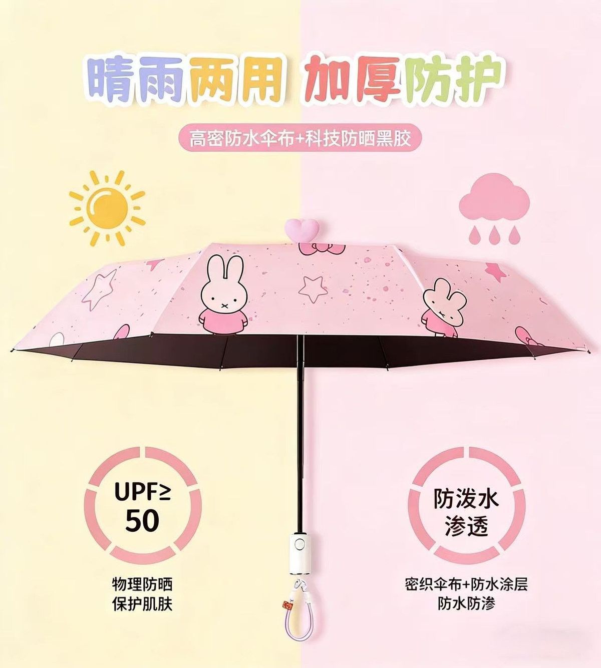 Miffy Cute UV Protection Umbrella Foldable Parasol Coating Double-Sided Anti-UV Sun & Rain Pink Kawaii Gift for Women & Girls
